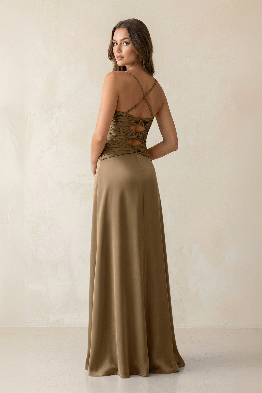 Cami Strap Pleated Sheath Satin Bridesmaid Dress in Apple Cinnamon