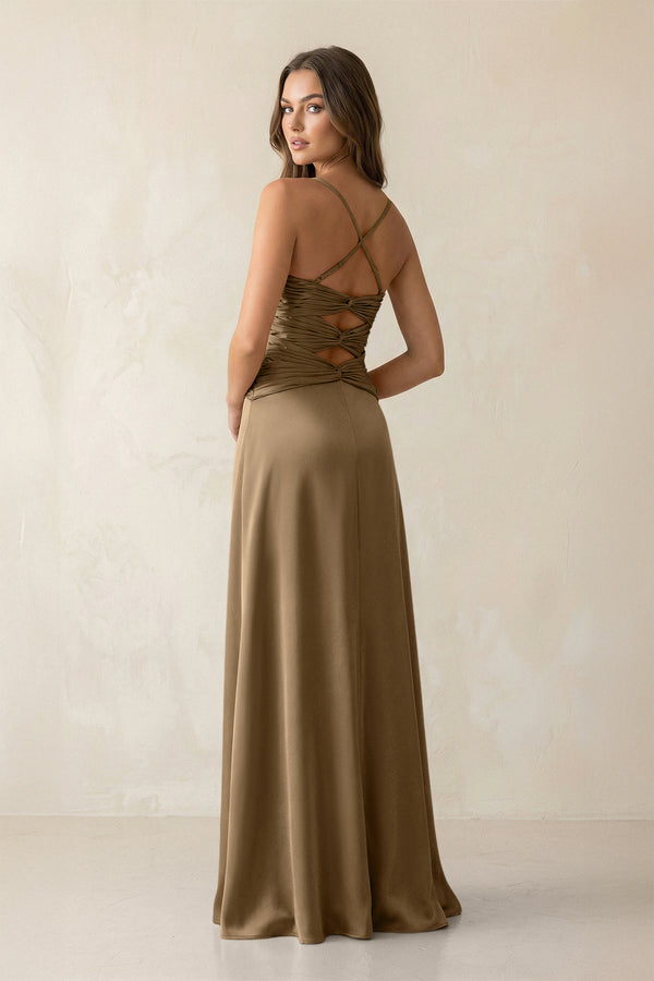 Cami Strap Pleated Sheath Satin Bridesmaid Dress in Apple Cinnamon (2) | KISSBRIDAL