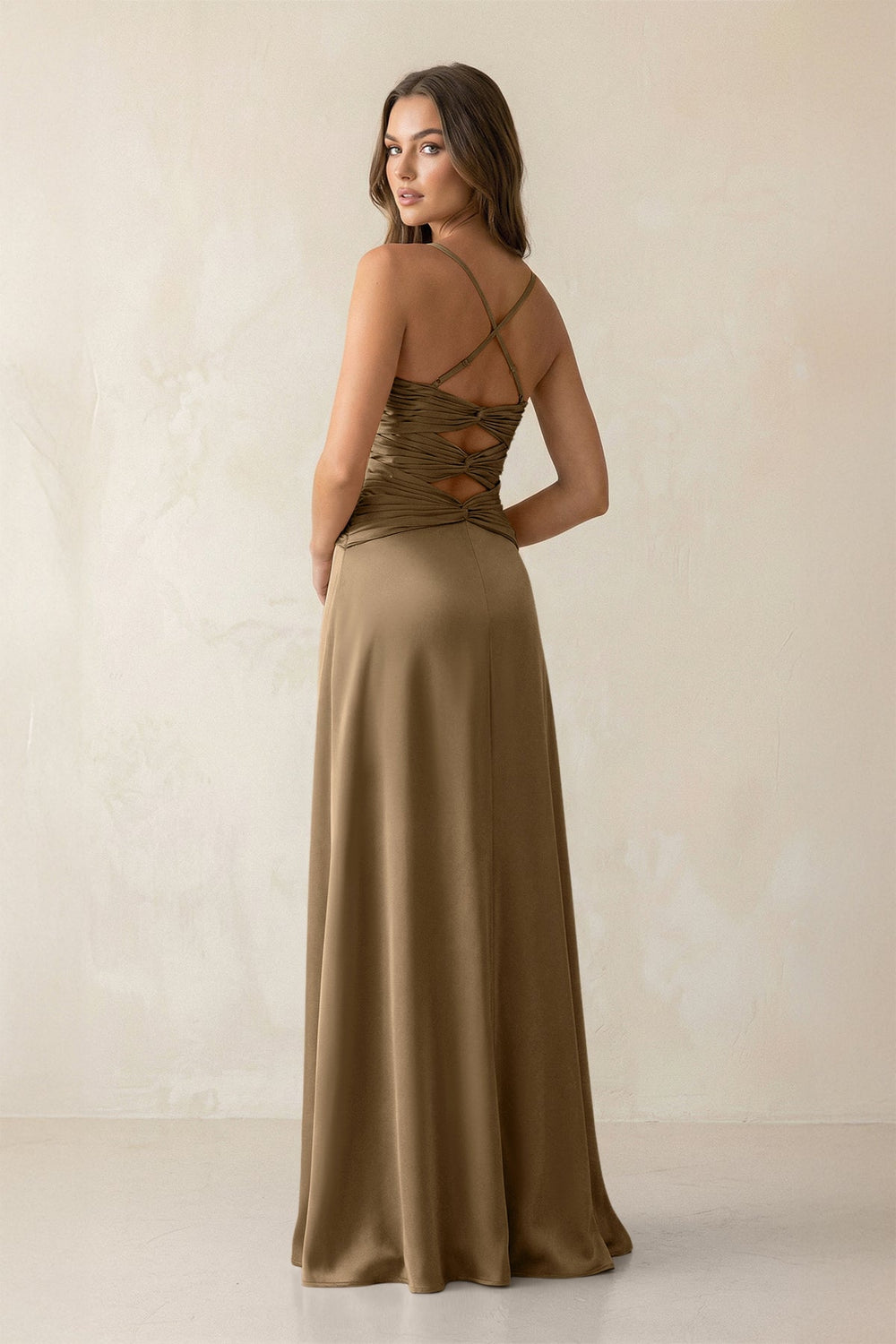 Cami Strap Pleated Sheath Satin Bridesmaid Dress in Apple Cinnamon - KISS BRIDAL Bridesmaid Dresses