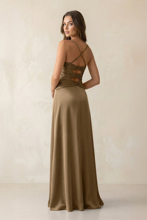 Cami Strap Pleated Sheath Satin Bridesmaid Dress in Apple Cinnamon - KISS BRIDAL Bridesmaid Dresses