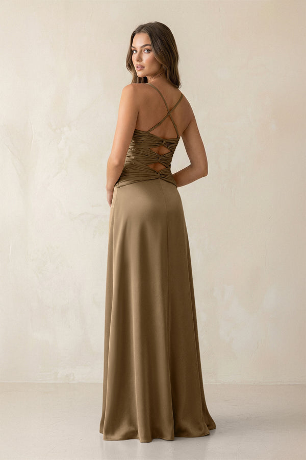 Cami Strap Pleated Sheath Satin Bridesmaid Dress in Apple Cinnamon - KISS BRIDAL Bridesmaid Dresses