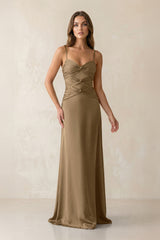 Cami Strap Pleated Sheath Satin Bridesmaid Dress in Apple Cinnamon - KISS BRIDAL Bridesmaid Dresses