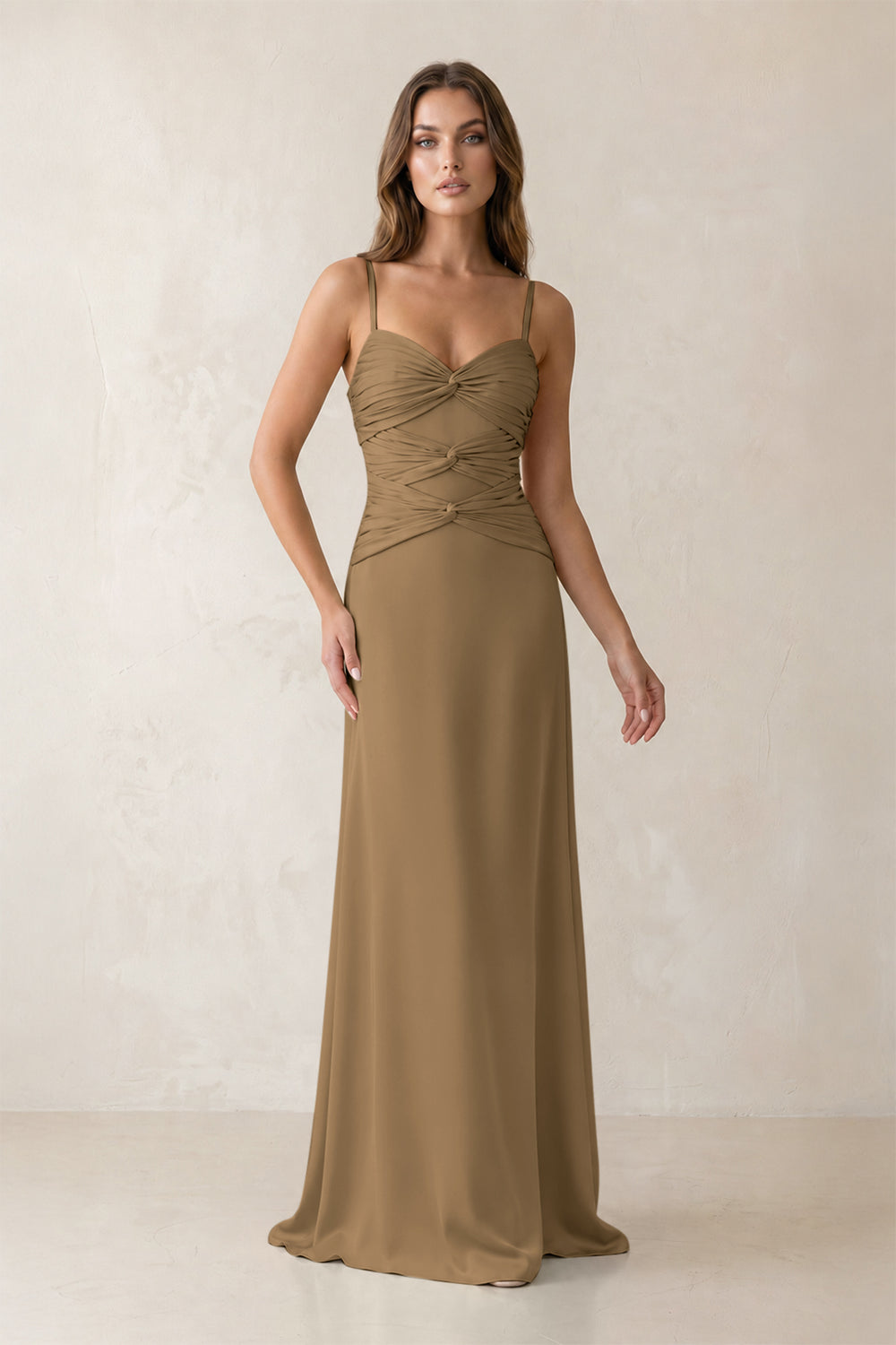 Cami Strap Pleated Sheath Satin Bridesmaid Dress in Apple Cinnamon
