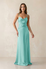 Cami Strap Pleated Sheath Satin Bridesmaid Dress in Aqua - KISS BRIDAL Bridesmaid Dresses