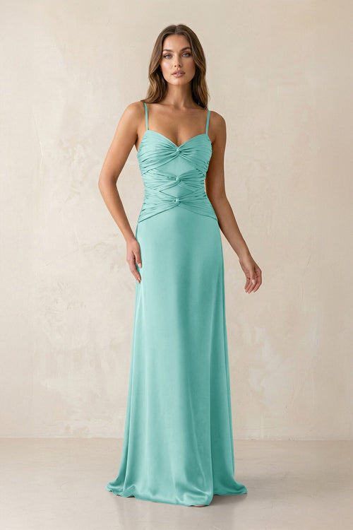 Cami Strap Pleated Sheath Satin Bridesmaid Dress in Aqua - KISS BRIDAL Bridesmaid Dresses