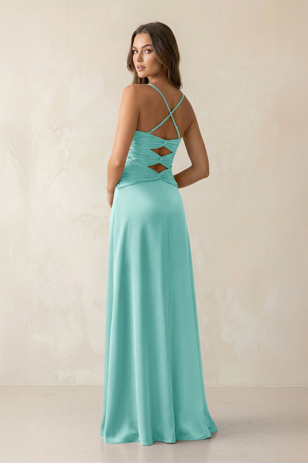 Cami Strap Pleated Sheath Satin Bridesmaid Dress in Aqua - KISS BRIDAL Bridesmaid Dresses