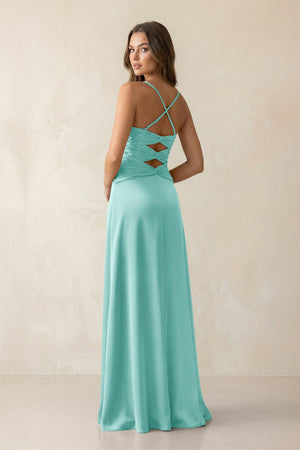 Cami Strap Pleated Sheath Satin Bridesmaid Dress in Aqua - KISS BRIDAL Bridesmaid Dresses