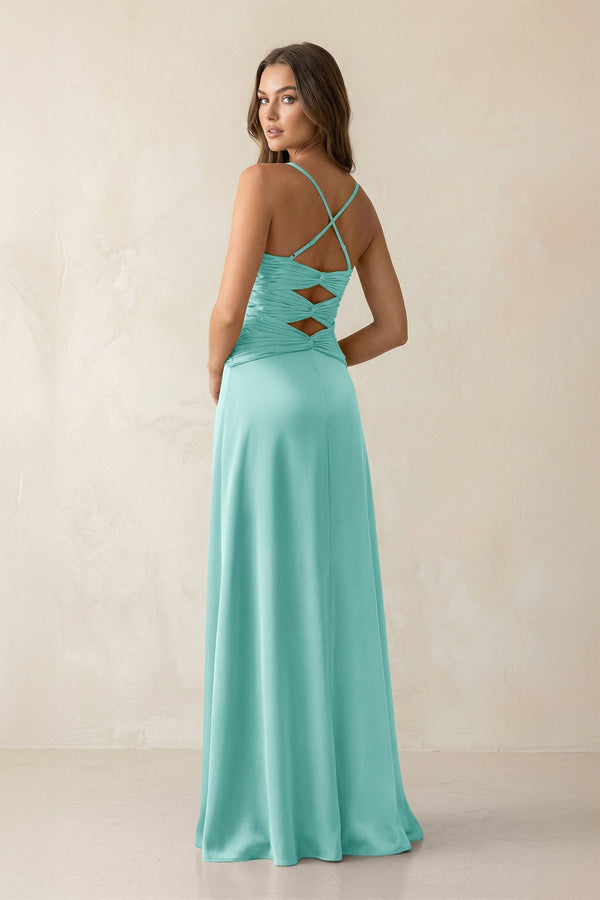 Cami Strap Pleated Sheath Satin Bridesmaid Dress in Aqua - KISS BRIDAL Bridesmaid Dresses