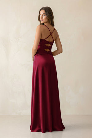 Cami Strap Pleated Sheath Satin Bridesmaid Dress in Berry (2) | KISSBRIDAL