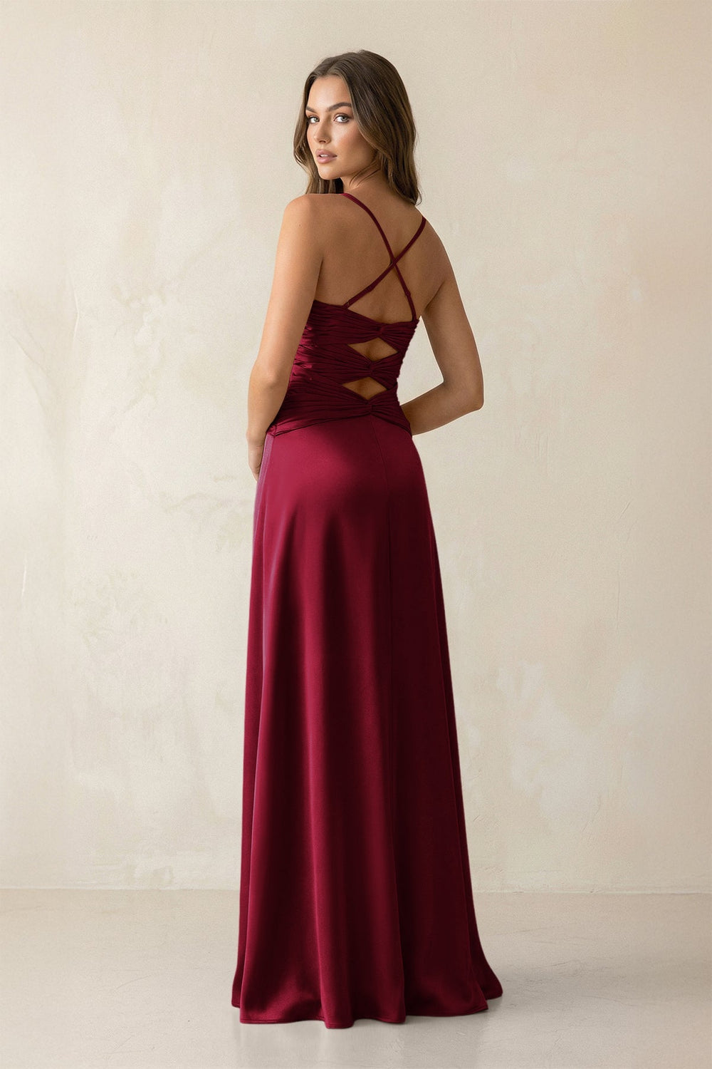 Cami Strap Pleated Sheath Satin Bridesmaid Dress in Berry - KISS BRIDAL Bridesmaid Dresses