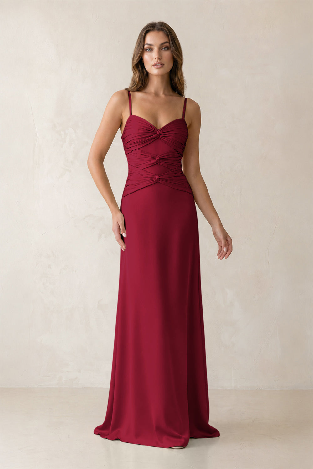 Cami Strap Pleated Sheath Satin Bridesmaid Dress in Berry