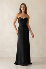 Cami Strap Pleated Sheath Satin Bridesmaid Dress in Black - KISS BRIDAL Bridesmaid Dresses