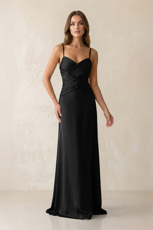 Cami Strap Pleated Sheath Satin Bridesmaid Dress in Black - KISS BRIDAL Bridesmaid Dresses