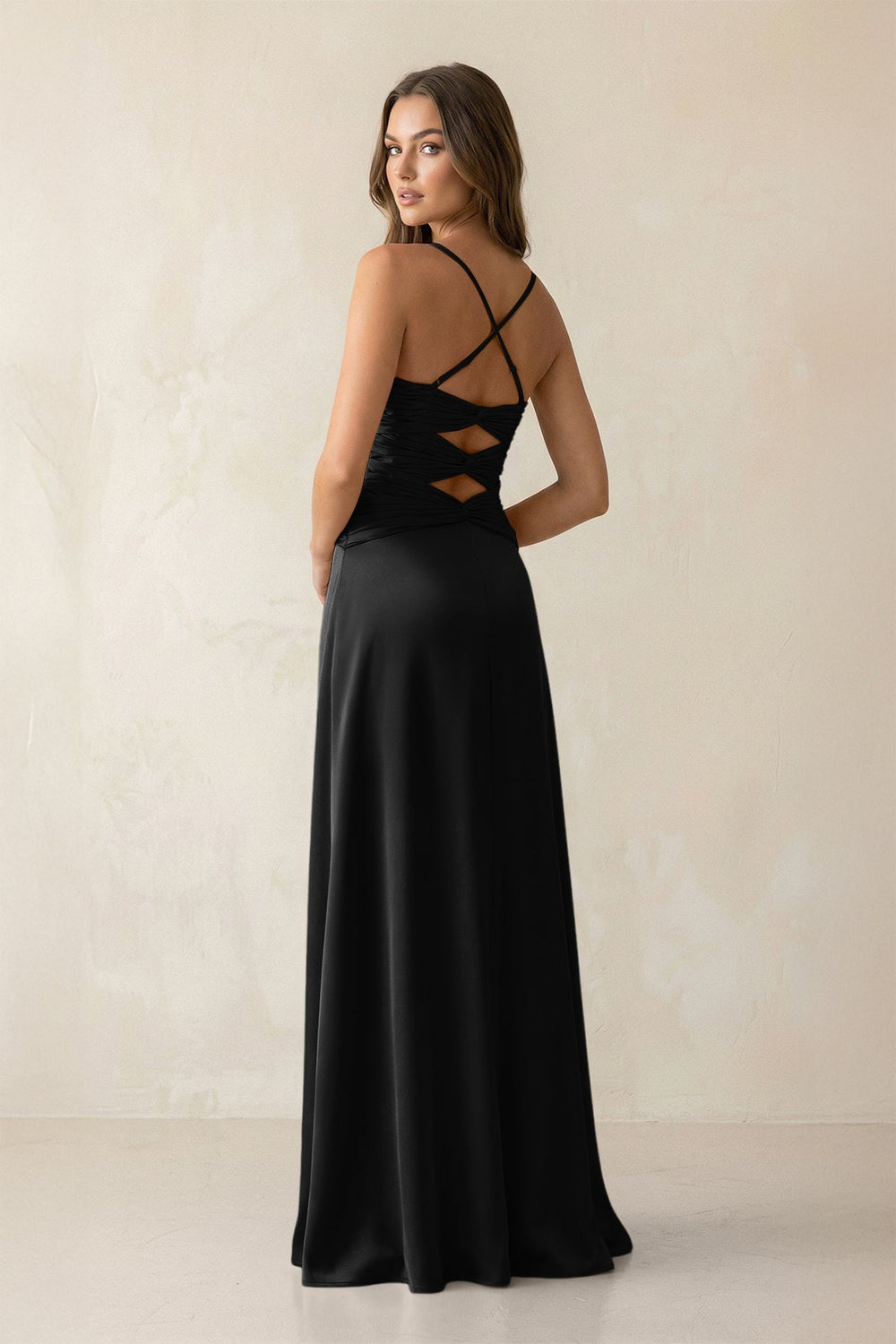 Cami Strap Pleated Sheath Satin Bridesmaid Dress in Black - KISS BRIDAL Bridesmaid Dresses