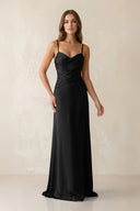Cami Strap Pleated Sheath Satin Bridesmaid Dress in Black | KISSBRIDAL