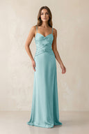 Cami Strap Pleated Sheath Satin Bridesmaid Dress in Bleached Aqua - KISS BRIDAL Bridesmaid Dresses