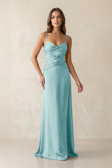 Cami Strap Pleated Sheath Satin Bridesmaid Dress in Bleached Aqua - KISS BRIDAL Bridesmaid Dresses