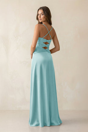 Cami Strap Pleated Sheath Satin Bridesmaid Dress in Bleached Aqua - KISS BRIDAL Bridesmaid Dresses