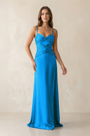 Cami Strap Pleated Sheath Satin Bridesmaid Dress in Blue Jay - KISS BRIDAL Bridesmaid Dresses