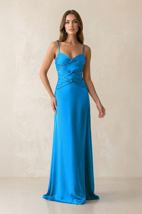 Cami Strap Pleated Sheath Satin Bridesmaid Dress in Blue Jay - KISS BRIDAL Bridesmaid Dresses