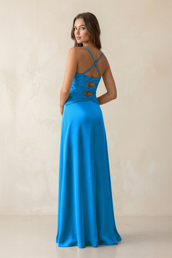 Cami Strap Pleated Sheath Satin Bridesmaid Dress in Blue Jay - KISS BRIDAL Bridesmaid Dresses