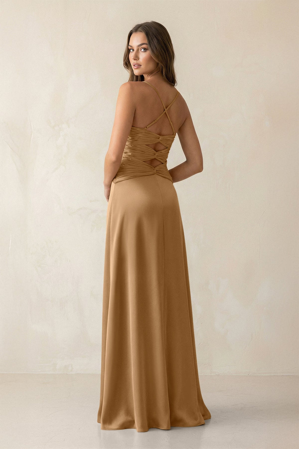Cami Strap Pleated Sheath Satin Bridesmaid Dress in Bronzer - KISS BRIDAL Bridesmaid Dresses