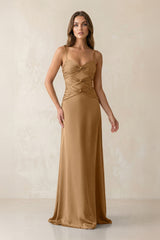 Cami Strap Pleated Sheath Satin Bridesmaid Dress in Bronzer - KISS BRIDAL Bridesmaid Dresses