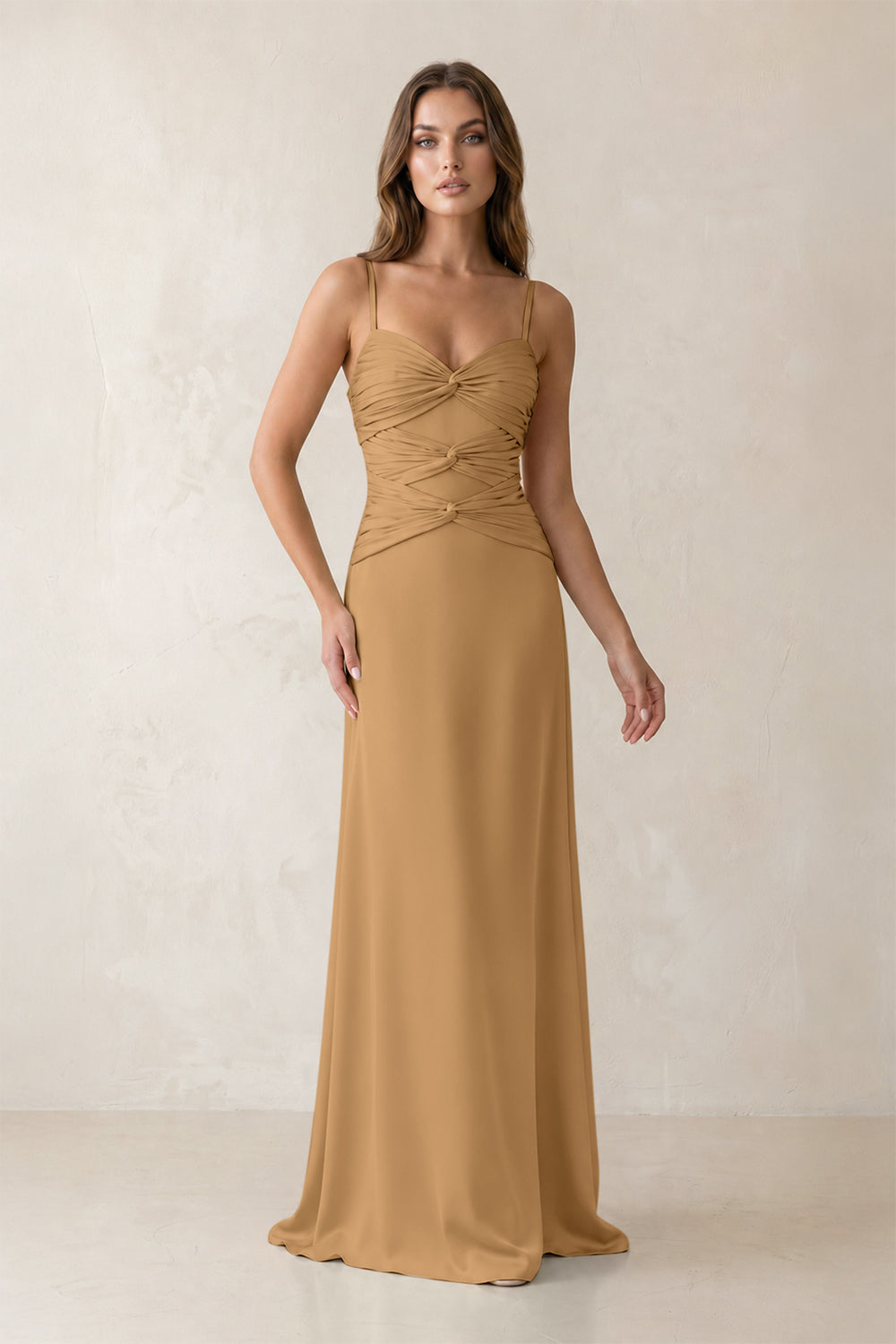 Cami Strap Pleated Sheath Satin Bridesmaid Dress in Bronzer