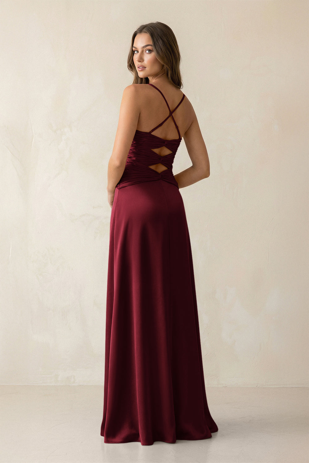 Cami Strap Pleated Sheath Satin Bridesmaid Dress in Burgundy