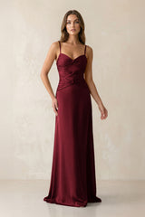 Cami Strap Pleated Sheath Satin Bridesmaid Dress in Burgundy - KISS BRIDAL Bridesmaid Dresses