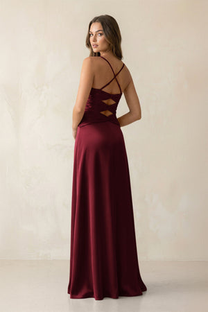 Cami Strap Pleated Sheath Satin Bridesmaid Dress in Burgundy - KISS BRIDAL Bridesmaid Dresses
