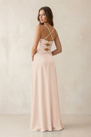 Cami Strap Pleated Sheath Satin Bridesmaid Dress in Buttercream (2) | KISSBRIDAL