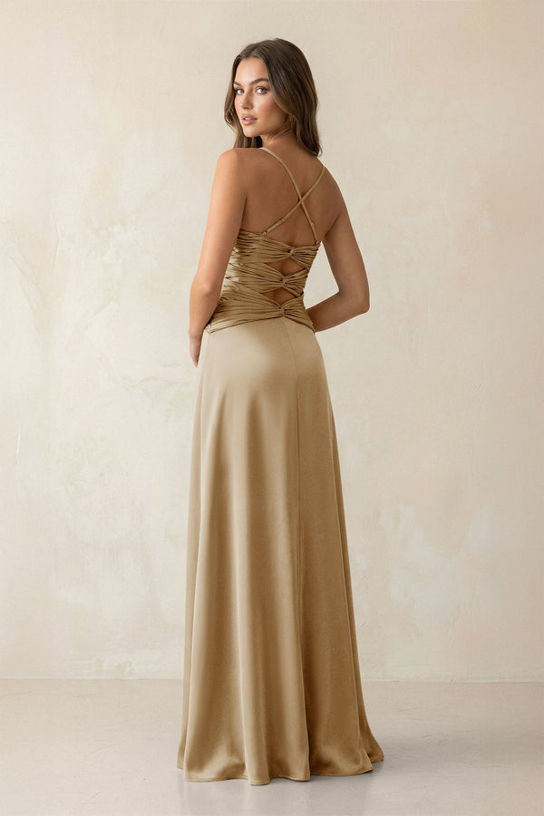 Cami Strap Pleated Sheath Satin Bridesmaid Dress in Champagne - KISS BRIDAL Bridesmaid Dresses