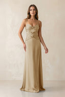 Cami Strap Pleated Sheath Satin Bridesmaid Dress in Champagne - KISS BRIDAL Bridesmaid Dresses