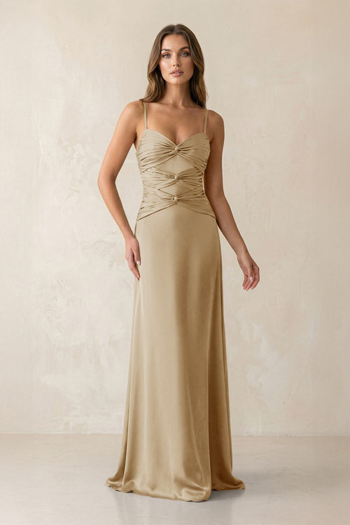 Cami Strap Pleated Sheath Satin Bridesmaid Dress in Champagne - KISS BRIDAL Bridesmaid Dresses
