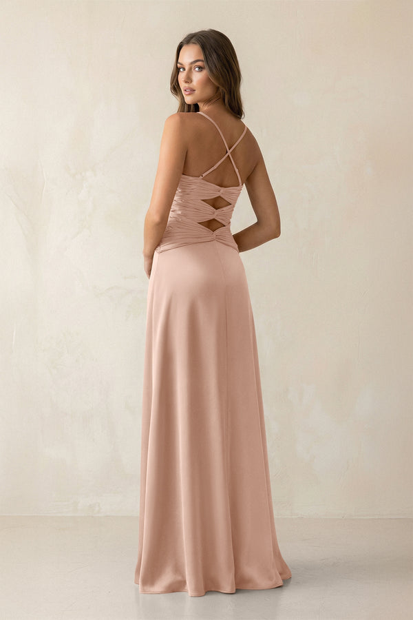 Cami Strap Pleated Sheath Satin Bridesmaid Dress in Champagne Rose - KISS BRIDAL Bridesmaid Dresses