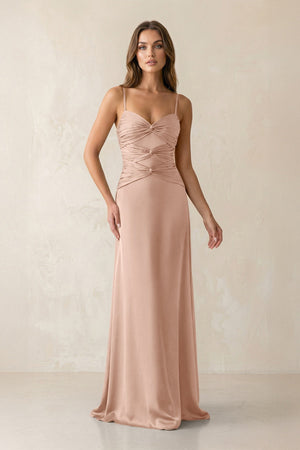 Cami Strap Pleated Sheath Satin Bridesmaid Dress in Champagne Rose - KISS BRIDAL Bridesmaid Dresses