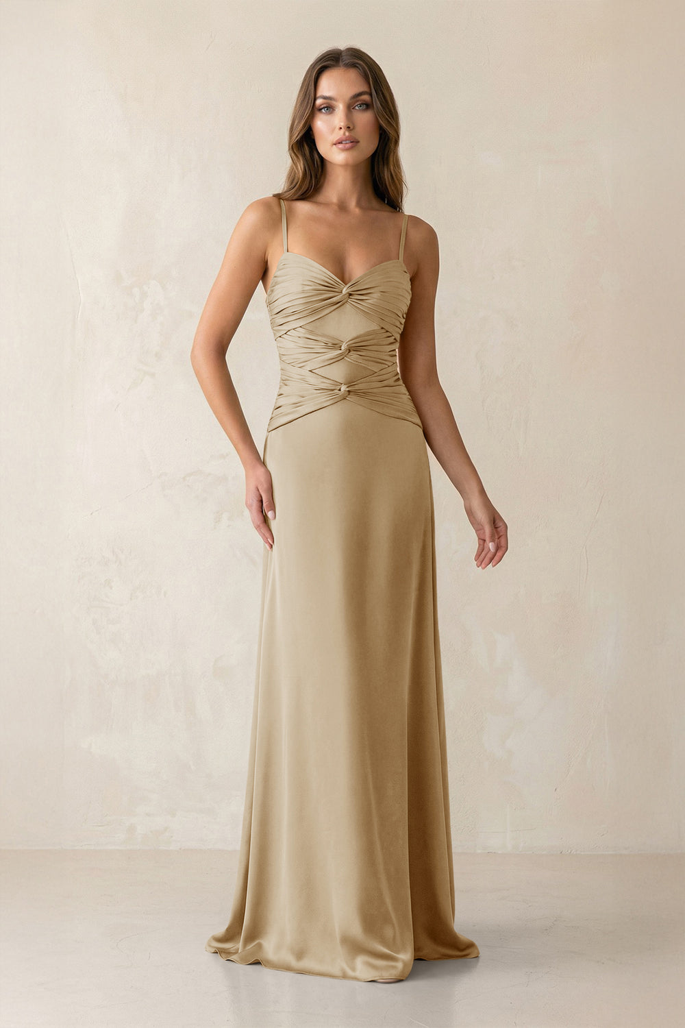 Cami Strap Pleated Sheath Satin Bridesmaid Dress in Champagne