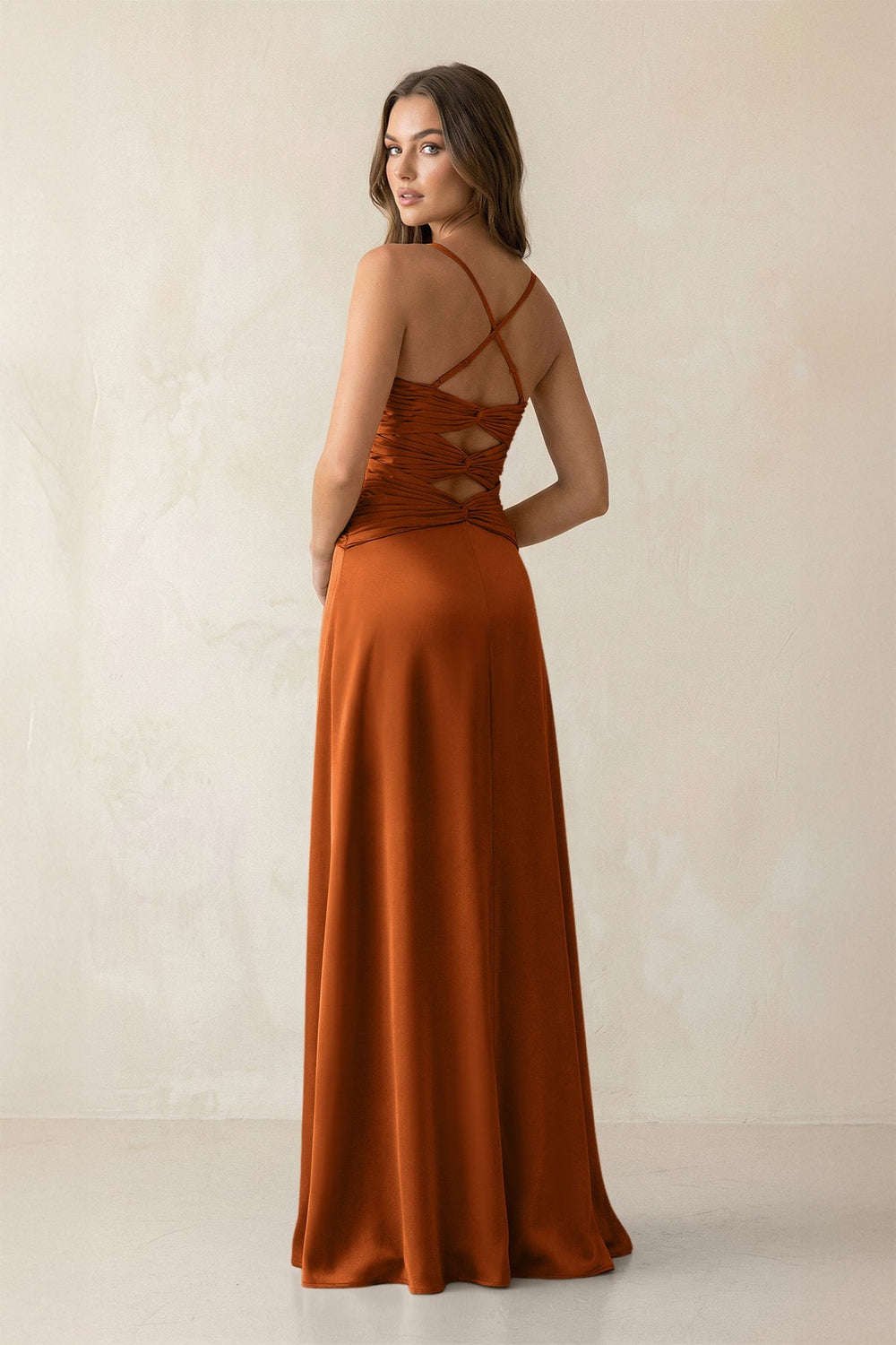 Cami Strap Pleated Sheath Satin Bridesmaid Dress in Cinnamon - KISS BRIDAL Bridesmaid Dresses
