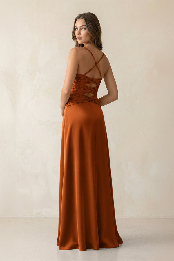 Cami Strap Pleated Sheath Satin Bridesmaid Dress in Cinnamon - KISS BRIDAL Bridesmaid Dresses