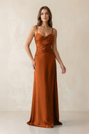 Cami Strap Pleated Sheath Satin Bridesmaid Dress in Cinnamon - KISS BRIDAL Bridesmaid Dresses