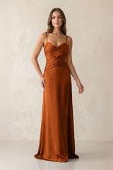 Cami Strap Pleated Sheath Satin Bridesmaid Dress in Cinnamon - KISS BRIDAL Bridesmaid Dresses