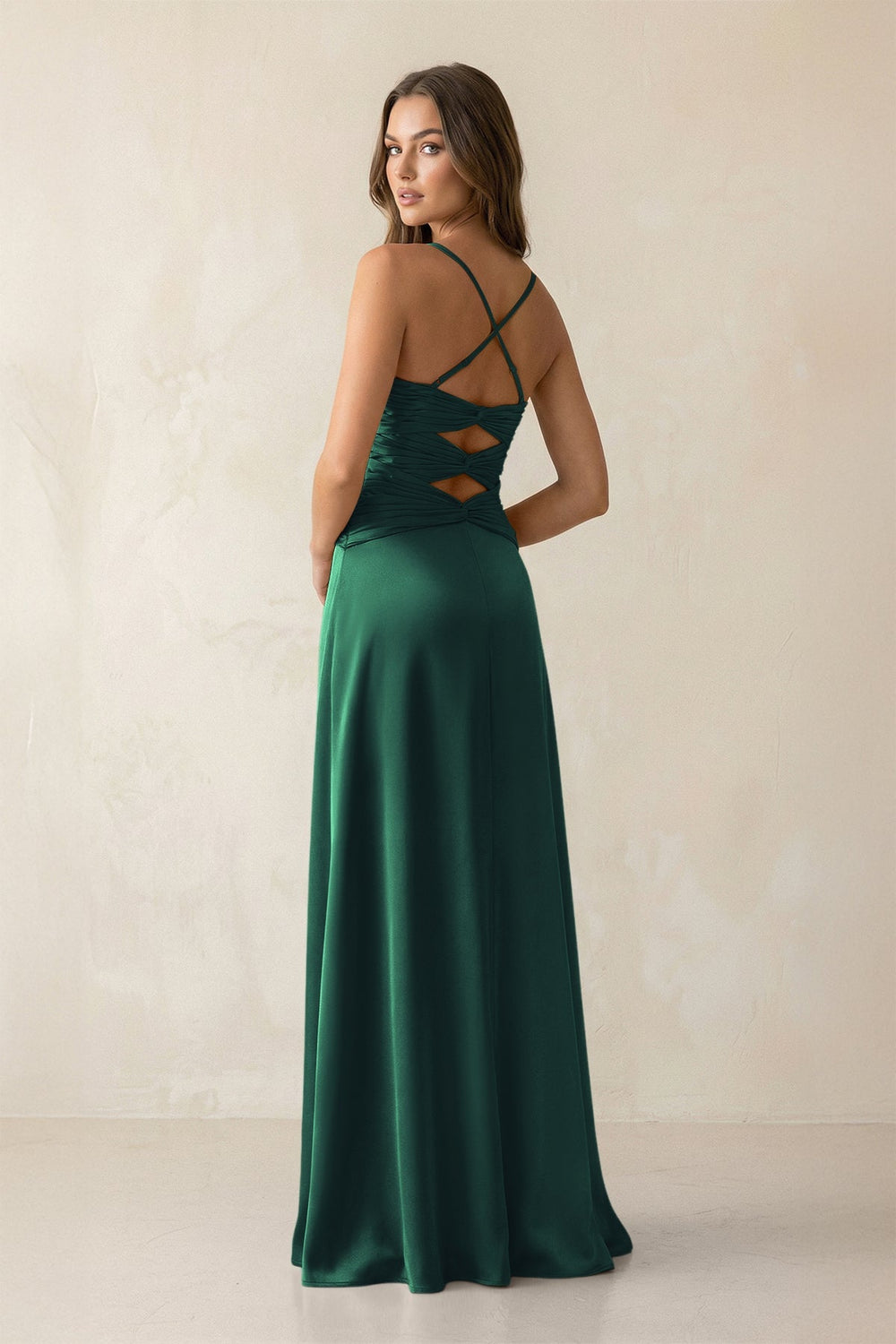 Cami Strap Pleated Sheath Satin Bridesmaid Dress in Dark Green - KISS BRIDAL Bridesmaid Dresses