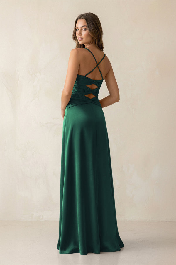 Cami Strap Pleated Sheath Satin Bridesmaid Dress in Dark Green - KISS BRIDAL Bridesmaid Dresses