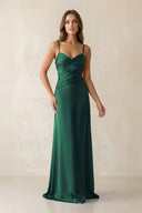 Cami Strap Pleated Sheath Satin Bridesmaid Dress in Dark Green - KISS BRIDAL Bridesmaid Dresses