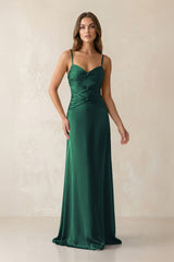 Cami Strap Pleated Sheath Satin Bridesmaid Dress in Dark Green - KISS BRIDAL Bridesmaid Dresses