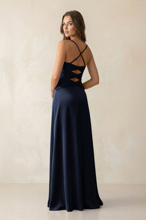Cami Strap Pleated Sheath Satin Bridesmaid Dress in Dark Navy - KISS BRIDAL Bridesmaid Dresses