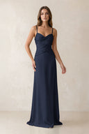 Cami Strap Pleated Sheath Satin Bridesmaid Dress in Dark Navy | KISSBRIDAL