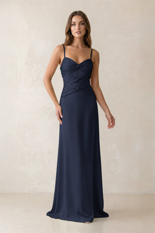 Cami Strap Pleated Sheath Satin Bridesmaid Dress in Dark Navy | KISSBRIDAL
