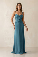 Cami Strap Pleated Sheath Satin Bridesmaid Dress in Dark Teal - KISS BRIDAL Bridesmaid Dresses